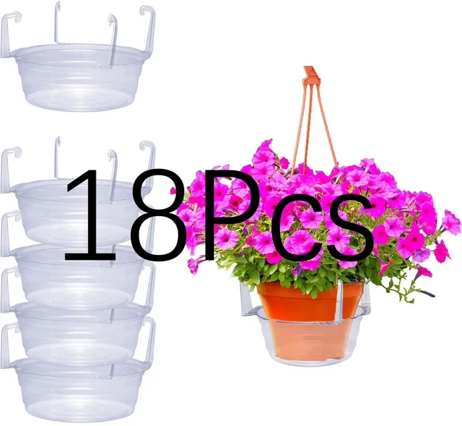 투명한 둥근 플라스틱 걸이 바구니 물받이 실내외 사용을 위한 내장형 후크가 있는 걸이식 화분 받침, 01 18pcs