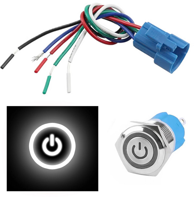 JK 크롬 스위치 화이트 LED 16mm 셀프 락 타입 케이블세트 DC12/24V DIY 버튼 자동차 차량용 전원 원형 메탈 인테리어, 1세트