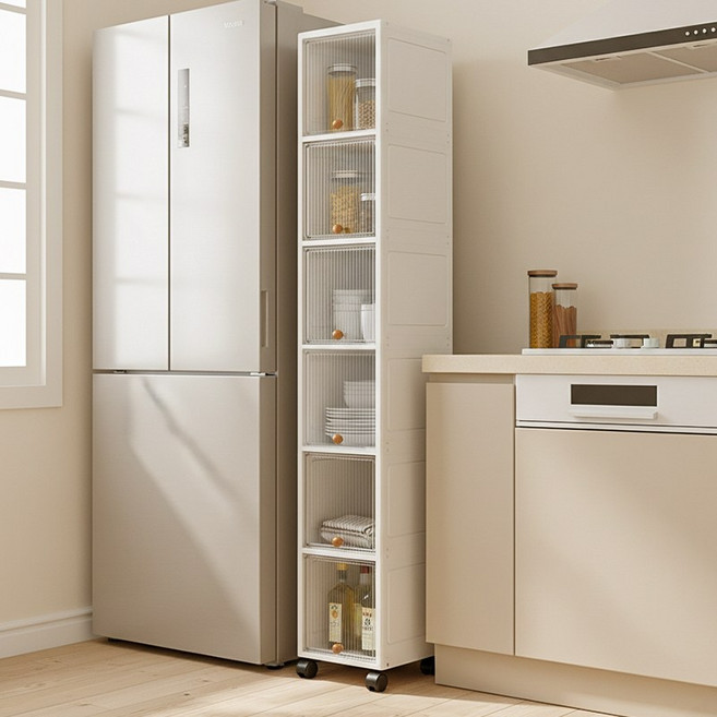 Coucamp 틈새 수납장 슬라이딩 틈새 수납장 좁은 공간 저장 수납 플라스틱 조립, 흰색, 1개