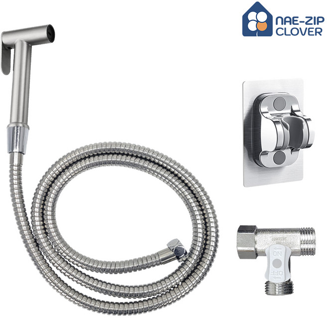 욕실스프레이건 고정형+국산 메탈호스+접착식거치대+황동 T 밸브, 고정형 실버, 3m