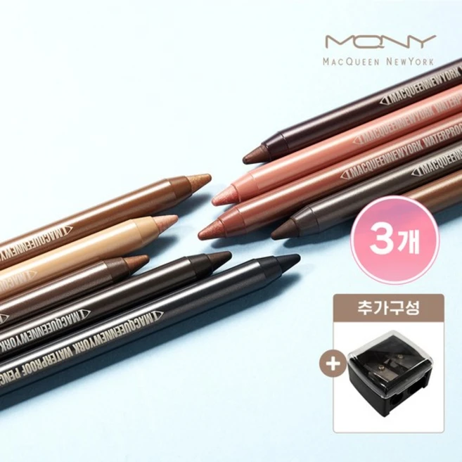 [1+1+1] MQNY 워터프루프 펜슬 젤 아이라이너 1.7g 7종 (+샤프너)/ 애교살 점막라이너, 7호 아우라여신3개+샤프너 - 쿠팡