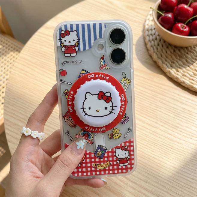 에이씨엠 헬로키티 산리오 리락쿠마 맥세이프 그립톡 스마트톡 거치대 갤럭시 아이폰, 1개, 키티 레드 병뚜껑톡