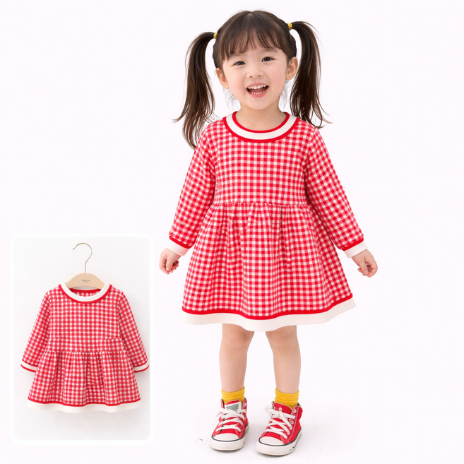 여아 원피스 드레스 아동 봄 겨울 체크 패턴 니트 원피스 긴소매