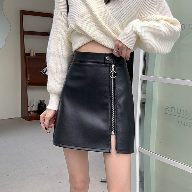슬림소녀 여성용 옆트임 지퍼 PU가죽 미니스커트 A라인 레더 숏치마