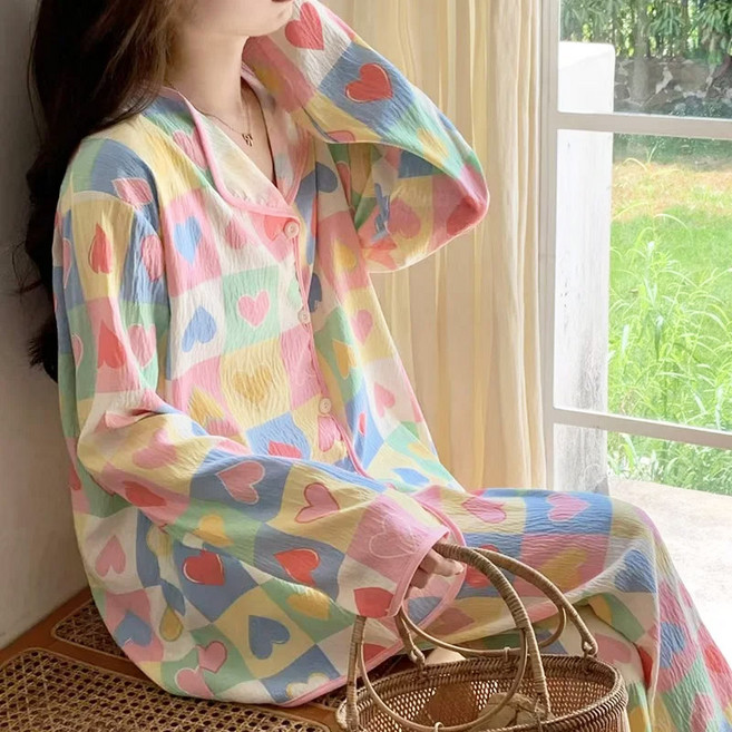 여성 가을겨울 잠옷 긴팔 긴바지 세트 부드러운 홈웨어 코디 고급 루즈핏 보온 편안한 셔츠 투피스 파자마 파티 우정잠옷