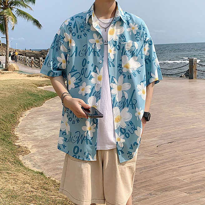 비보뉴 하와이안 플라워 오버핏 남성 셔츠 커플 스타일링 비치웨어 캐주얼 스트릿
