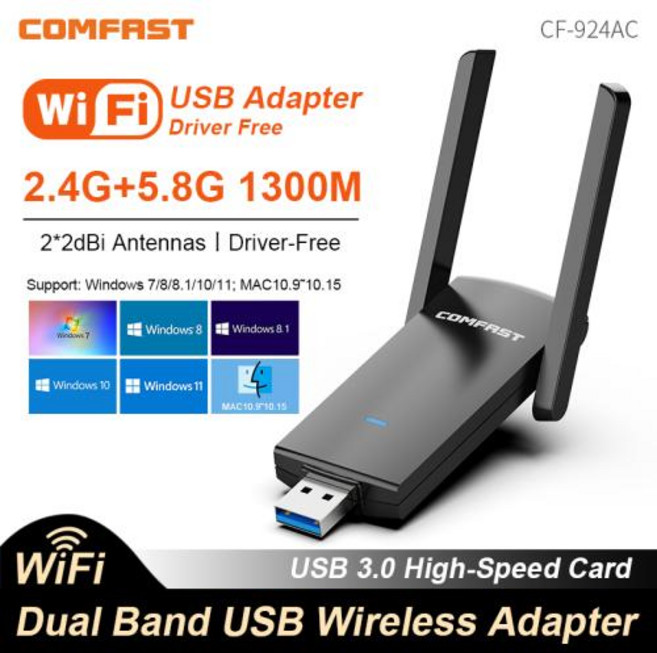 COMFAST 1300Mbps USB 와이파이 어댑터 2.4G/5.8Ghz 네트워크 카드 USB3.0/2.0 WIFI 동글 수신기 (PC Win10/11용), AC1300 USB3.0