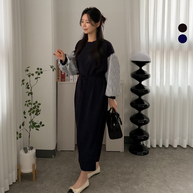 디테일웨어 여성 단셔츠 배색 롱원피스 벨트세트 빅사이즈 임부복 간절기 링클프리 긴팔 원피스 구김없는 데일리 원피스