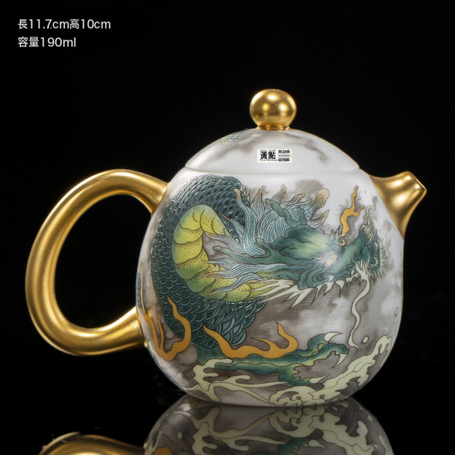 茶具禮品周鴻傑大師手工鎏真金純家用金茶壺手繪龍蛋單壺復古茶具, 1個, 1L, 手繪青龍蛋壺-描金【自用安全包裝】:詳情