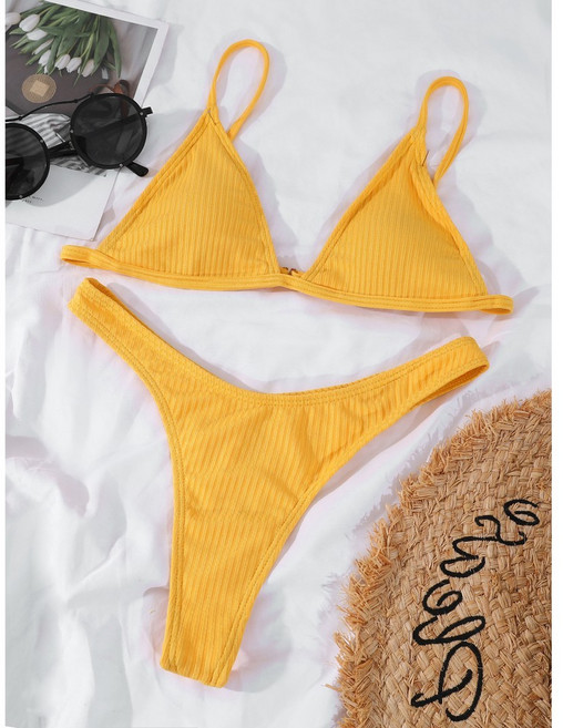 比基尼泳裝 純色條紋 爆乳款, 黃色,S