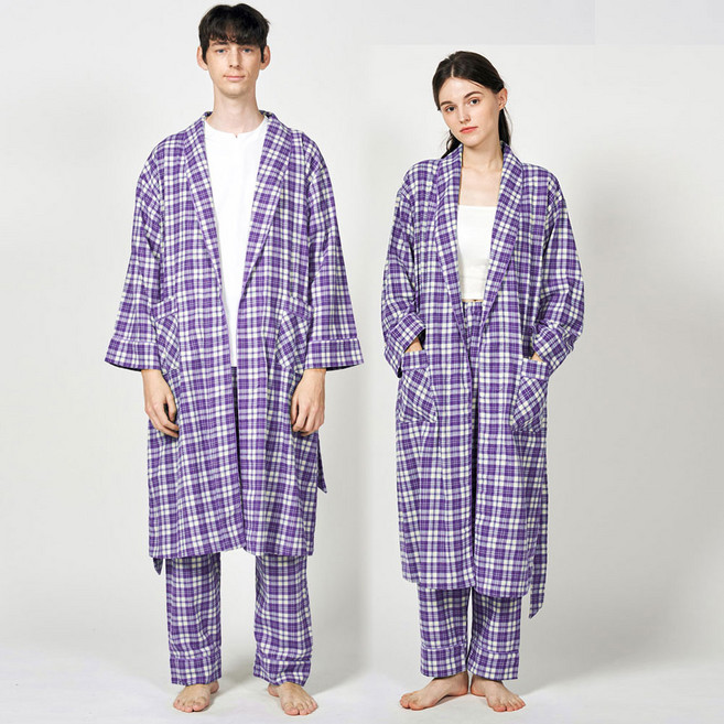 알콩단잠 115cm 롱로브 여성/남성 커플가운 체크 순면 샤워가운 목욕 나이트가운