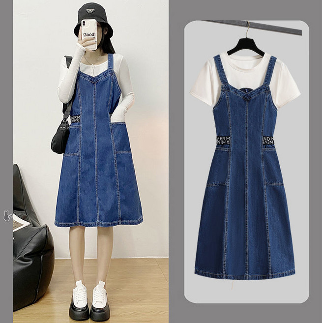春季大尺碼女裝 時尚設計感 收腰顯瘦 減齡休閒 百搭 無袖牛仔洋裝 A字裙 中長裙 L碼 100-110斤, 藍色 揹帶裙,L碼  100-110斤