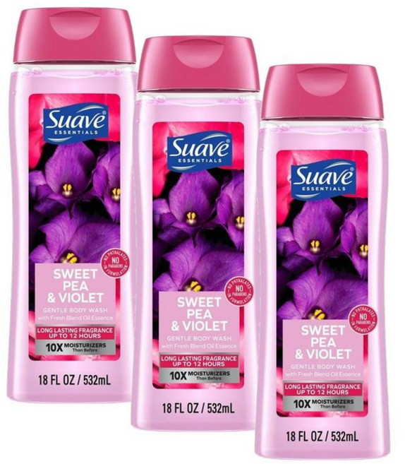 수아브 에센셜 젠틀 바디워시 스위트 완두콩 & 바이올렛 Suave Essentials Gentle Body Wash Sweet Pea & Violet, 3개, 532ml