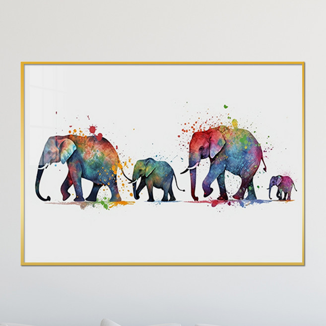 아트블루 풍수에 좋은 코끼리 꽃 패턴 동물 그림 인테리어 액자, 8_레인보우 코끼리-네가족