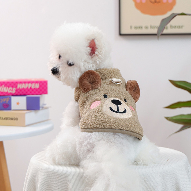 [시즌오프특가] petdog 하네스 일체형 강아지옷 토끼귀 뽀글이 후드 조끼 소형견 중형견 애견 산책복, 브라운, 1개