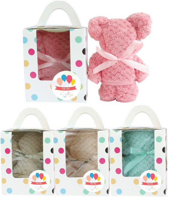 어린이집 구디백 고리 수건 생일 답례품 미니 핸드 타올 30X30 네임택 어린이 유치원 단체 선물, 도트창상자+곰수건(소)+스티커2장, 4세트