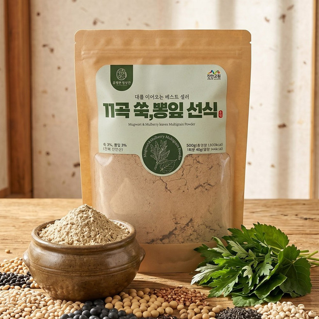 40년 전통 미숫가루 11곡 쑥 뽕잎 선식 500g 식사대용 국내산 곡물 저당, 1개