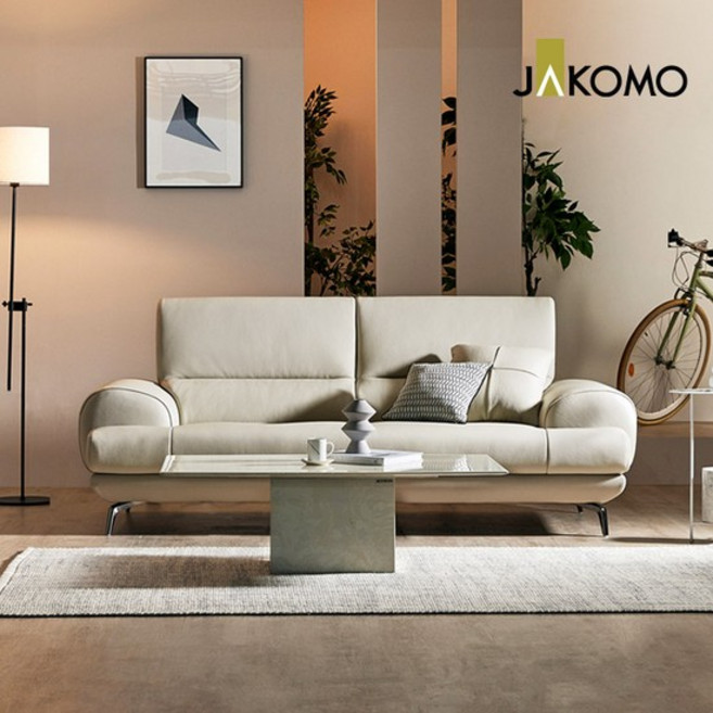 JAKOMO 루디아 3인 럭스 통가죽 천연면피 소가죽 소파+쿠션1개, 데일리블루