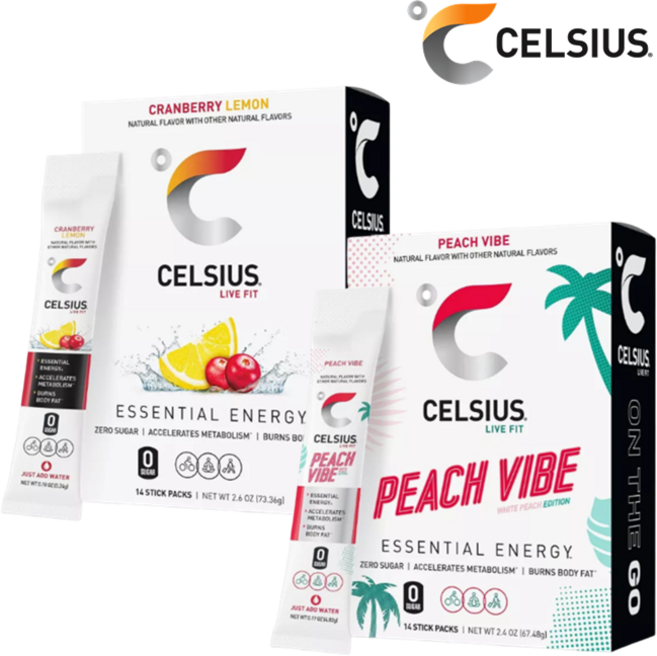 [CELSIUS] [1+1] 셀시어스 히트 워터 제로슈가 크랜베리 레몬 맛 14개입 + 피치 바이브 14개입 에너지 드링크 파우더 Energy Drink Mix