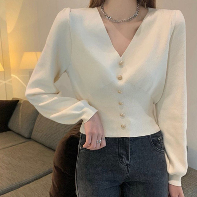 금장 버튼 여성 브이넥 스타일 부드러운 니트 티셔츠 sta+62497IW