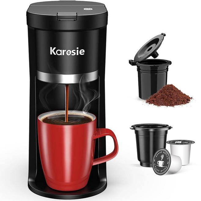 Karosie 소형 1인용 커피 메이커 K-Cup 및 그라운드 커피용 패스트 브루 170.1-354.9ml(6-12온스) 브루 사이즈 원 버튼 싱글 컵 커피 메이커 석회, Karosie 소형 1인용 커피 메이커, K-Cup 및