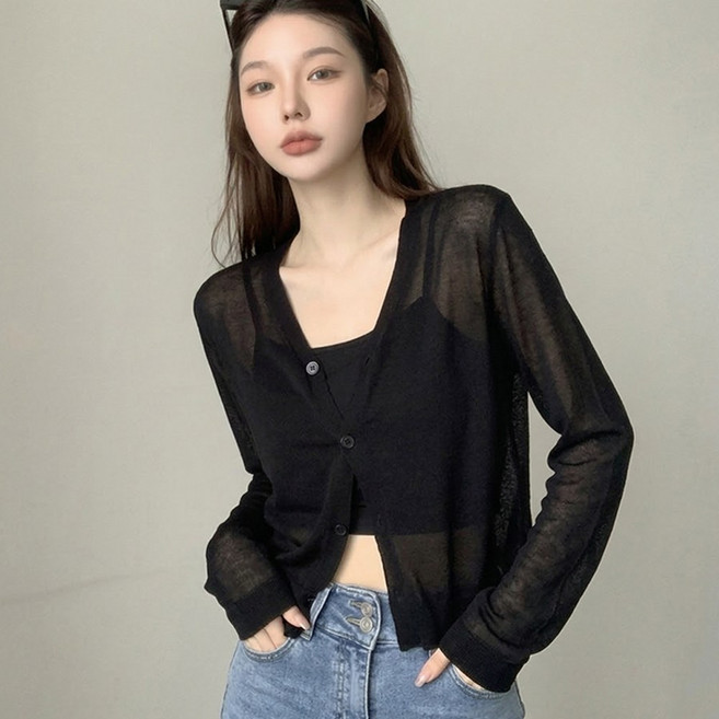 여성용 시스루 긴팔 브이넥 얇은 가디건 데일리룩