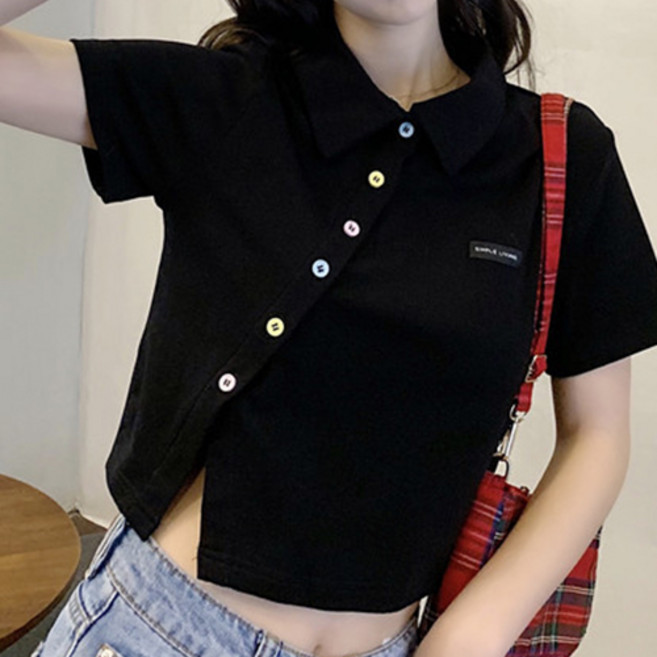 여성 사선 단추 반팔 카라 티셔츠 RF020