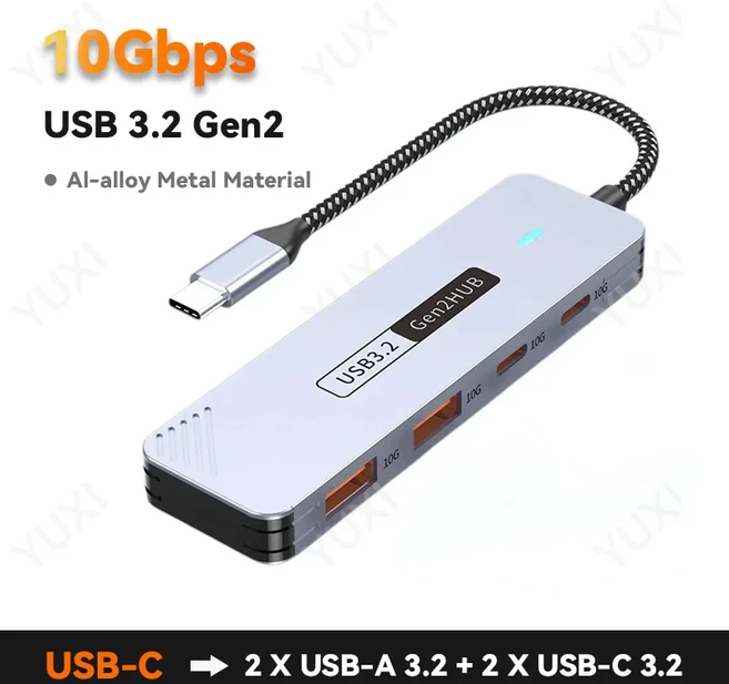 USB 3.2 Gen2 허브 멀티포트 스플리터 A 타입 C 10Gbps OTG 어댑터 맥북 아이패드 노트북용 4포트 확장 액, 01 China Mainland, 1개, 02 2A2C