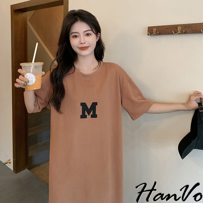 HanVo M字母休閒寬鬆長洋裝 - 韓系短袖連衣裙, 卡其