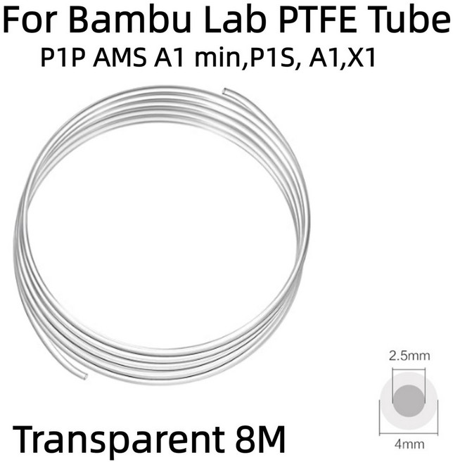 밤부랩 P1P AMS A1 미니 부품 P1S 익스트루더 75MM OD4MM 3D P1P 멘트 X1C용 ID2 튜브 5MM A1 프린터, Transpa nt 8M