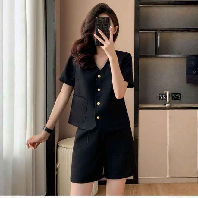 Ashysnow 반팔 정장 세트 여성 여름 우아한 브이넥 통근 반팔 정장 재킷 와이드 반바지 투피스 오피스룩 하객룩