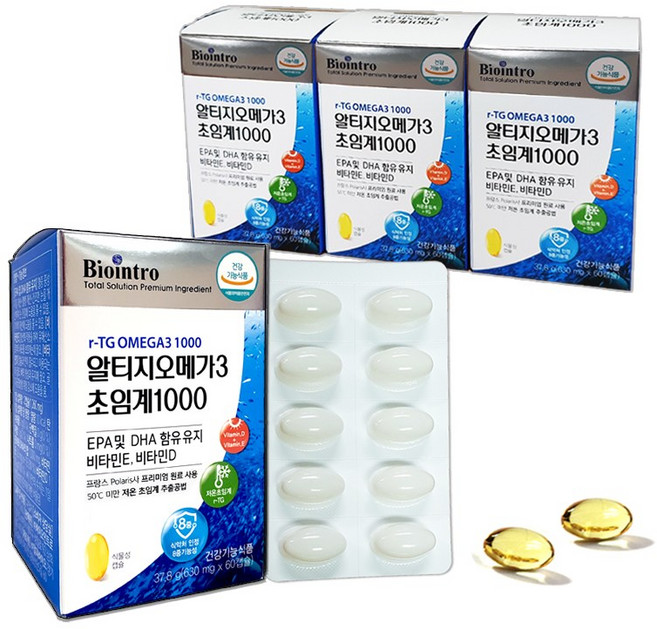 알티지오메가3 초임계 1000 비타민E 비타민D 함유 1000mg EPA+DHA 비린내 없는 저온초임계 RTG 오메가쓰리 알작은 식물성 캡슐, 60정, 4개