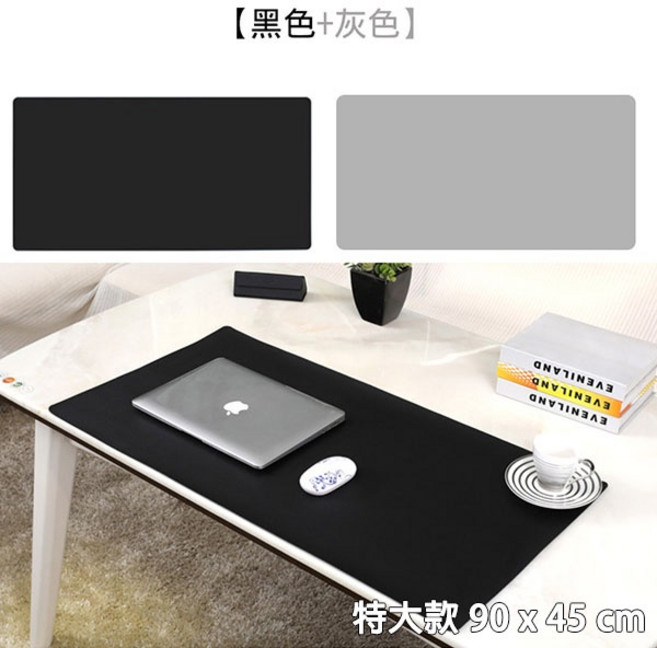 雙面皮革滑鼠墊 防滑防水耐磨 辦公電競桌墊, 黑色+灰色【90*45cm】特大款, 1個