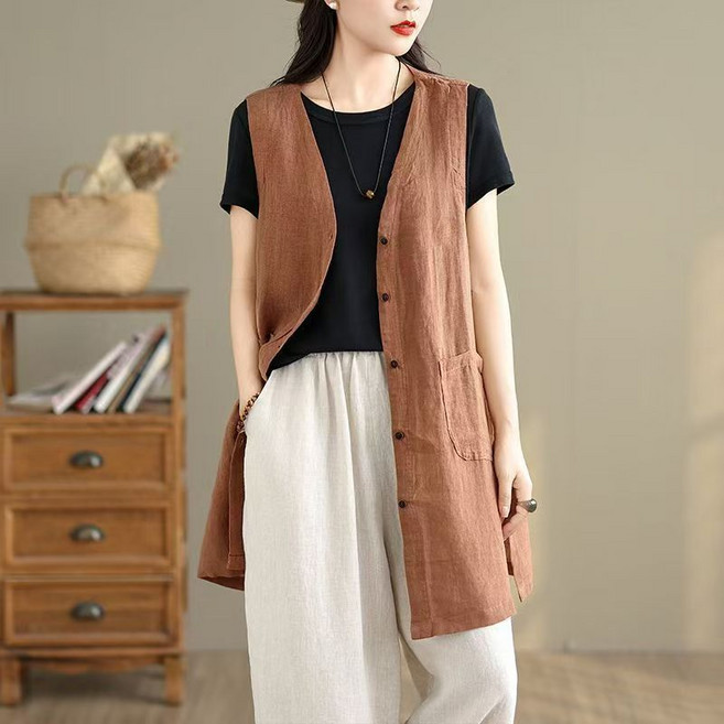 여성 린넨 롱조끼 여름 빅사이즈 루즈핏 민소매 얇은 베스트 데일리룩