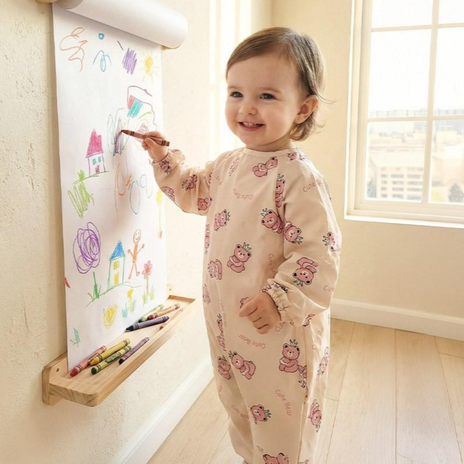 아이레빗 국내생산 아기 유아 미술가운 방수 전신 문센 촉감놀이 모래놀이, 곰돌이 핑크