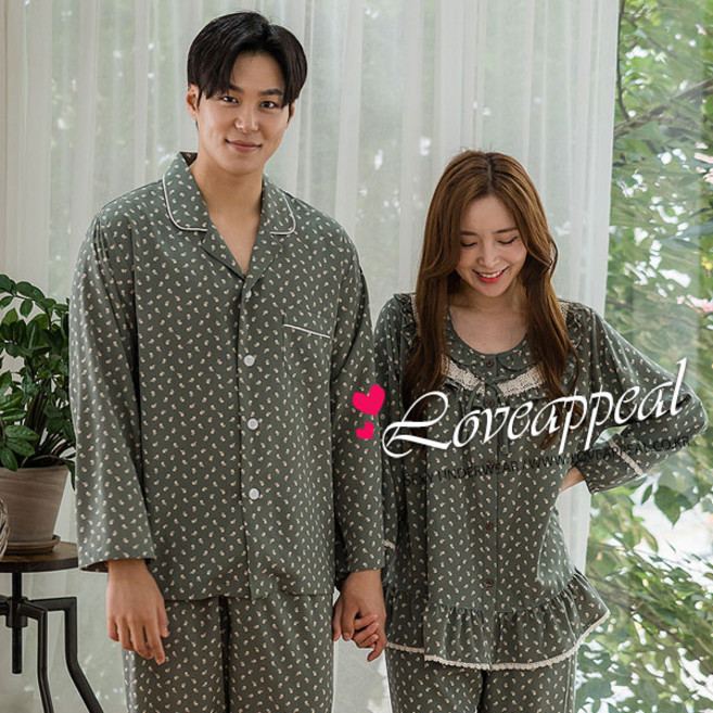 국산 실크느낌 그린 플라워 커플잠옷(WC9553 M9553)고급원단 웨딩선물 4계절용