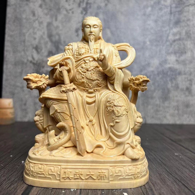 青遺 檜木精雕真武大帝神像 玄天上帝坐椅擺件, 木色
