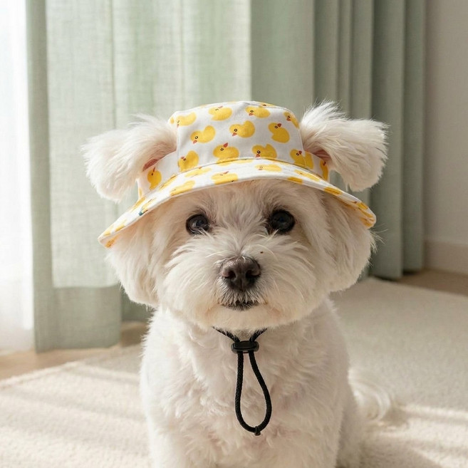 상덕 강아지 썬캡 모자 자외선 차단 반려동물 여름 모자 귀여운 외출용 애견 모자 스트랩형, 1개, 아이보리 옐로우 패턴