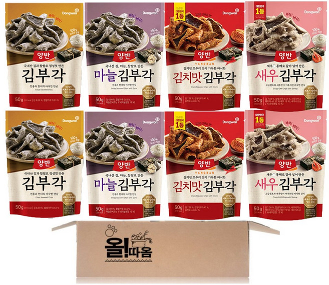 동원 양반 김부각 50g 2입+마늘 김부각 50g 2입+김치맛 김부각 50g 2입+새우 김부각 50g 2입, 1세트, 400g