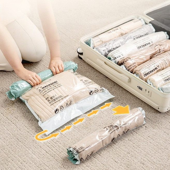 무펌프 손으로 말아서 압축하는 여행용 진공 압축 보관백 옷 수납 가방 트렁크 공간 확장, 1개, 1개입