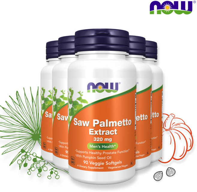 NOW Foods 쏘팔메토 추출물 남성 활력 320mg 식물성 소프트젤 90정 x 5, 5개