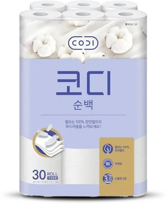 코디 순백 25mx30롤 3겹 화장지, 25m, 30롤, 1개