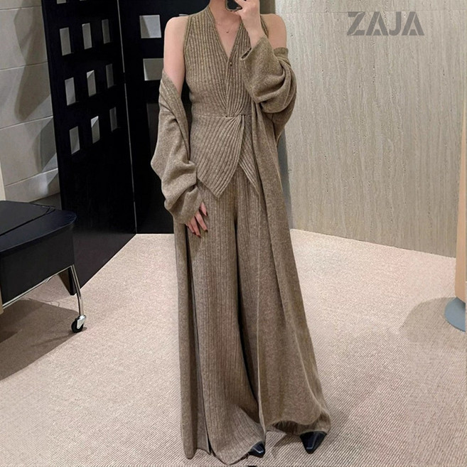 ZAJA 여성 니트 세트 3피스 가디건+민소매 니트+와이드 팬츠 루즈핏 데일리 캐주얼