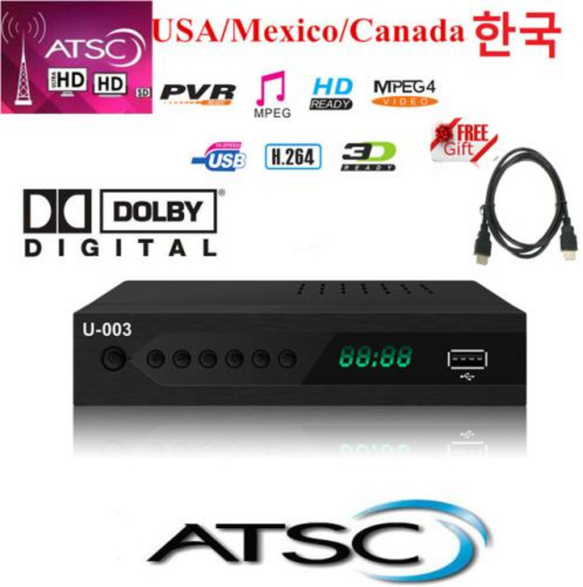 셋톱박스 한국 ATSC 디지털 TV 컨버터 한국 언어 지상 HD 디지털 리시버 튜너 한국 미국 캐나다 멕시코 ATSC-T, 1) U003, 1개