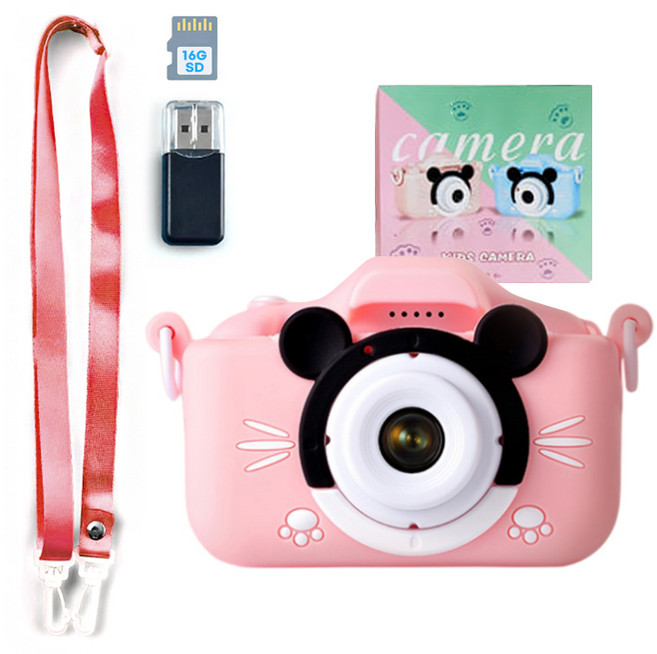 키비 큐티 키즈 카메라 선물 풀패키지 세트 (16G SD카드+카드리더기+실리콘케이스+목걸이스트랩+USB케이블), 1개, 핑크미키