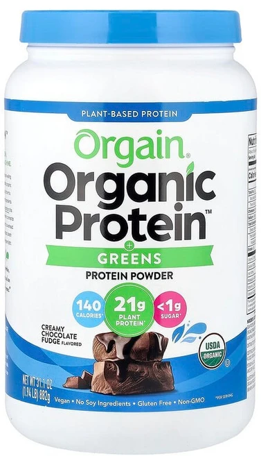 Orgain Organic Protein™ + 그린스 프로틴 파우더 식물성 크리미 초콜릿 퍼지 882g(1.94lbs) OGA-00684, 882g - 쿠팡