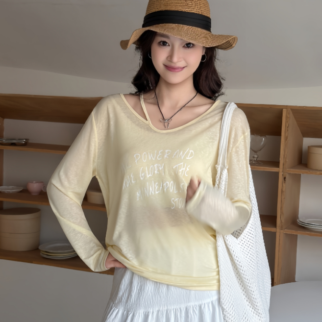 무니유유 텐셀원단 홀터넥 오버핏 냉감 아이스 쿨 시스루 긴팔 티셔츠