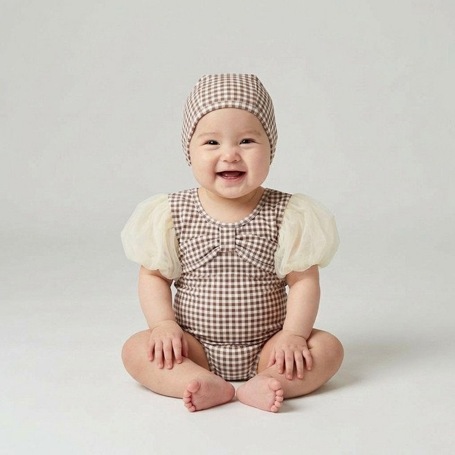 로이앤한나 브라운체크 여아 여자아기 반팔 수영복 수모 세트