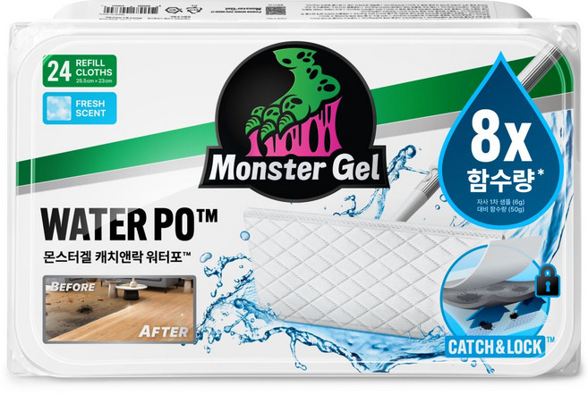 몬스터 초강력 마르지 않는 물걸레 청소포 캐치앤락 도톰한 워터포 리필 24매입, 1개