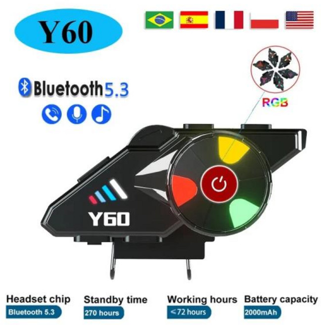 Y60 오토바이 헬멧 블루투스 헤드셋 무선 방수 핸즈프리 통화 음악 V5.3 이어폰 라이더 모토 컬러 라이트, [01]
